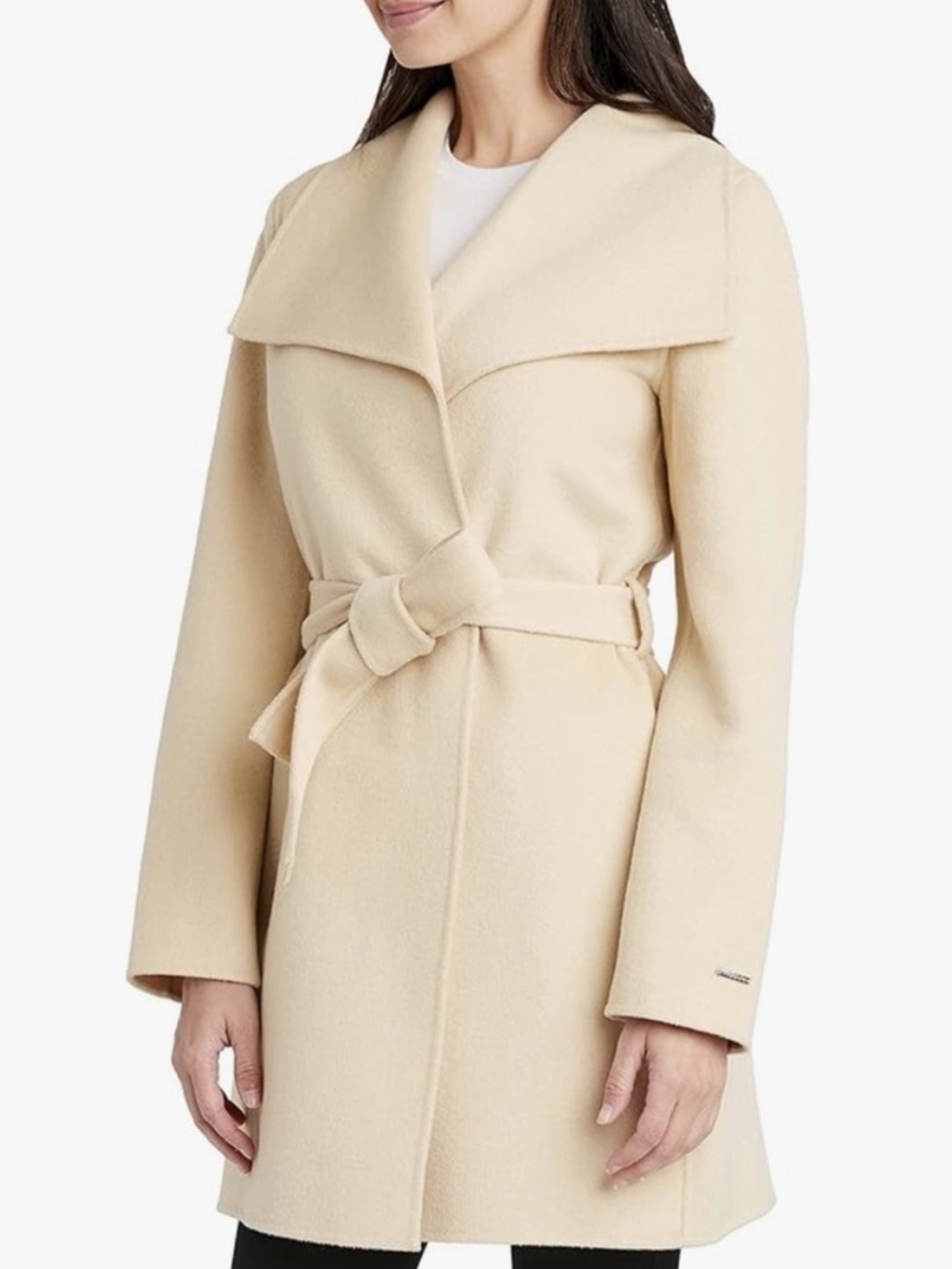 Tahari Cream Wool Wrap Trench Coat with Self-Tie Belt